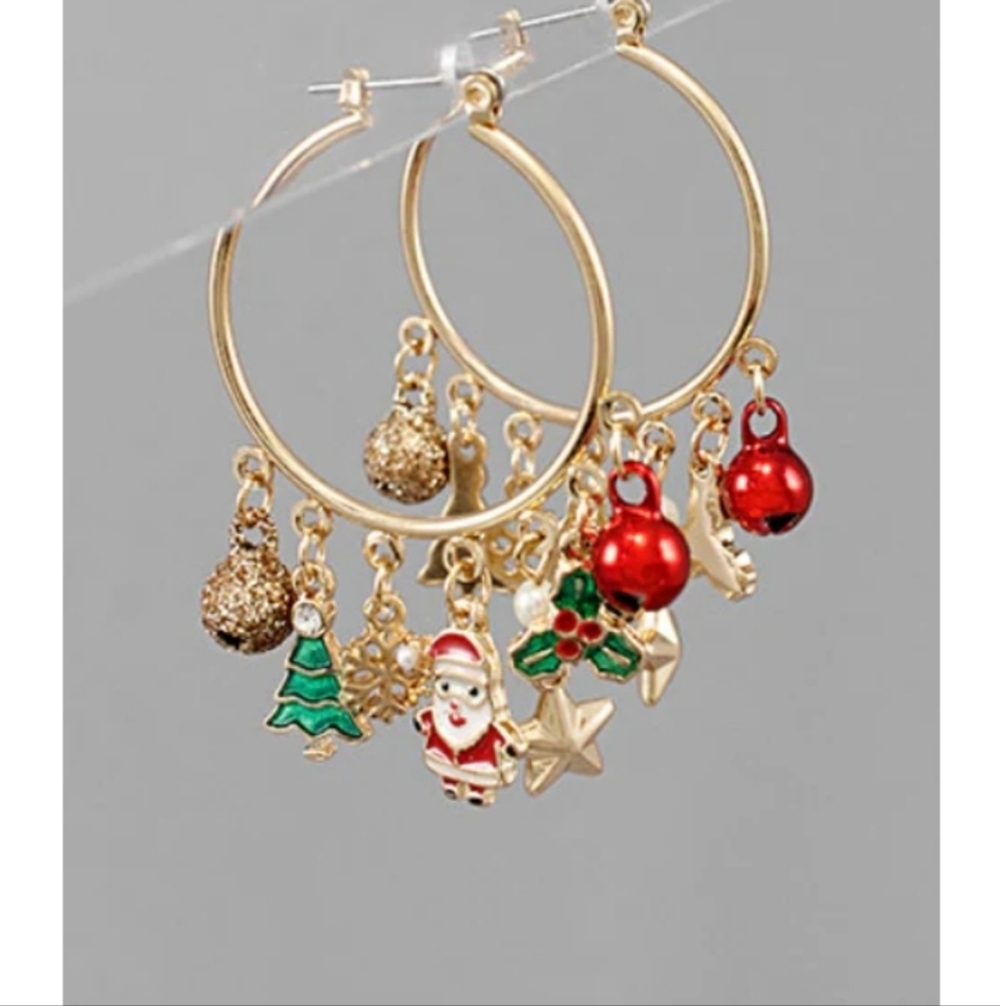 Goldtone Christmas Charm Hoop Earrings